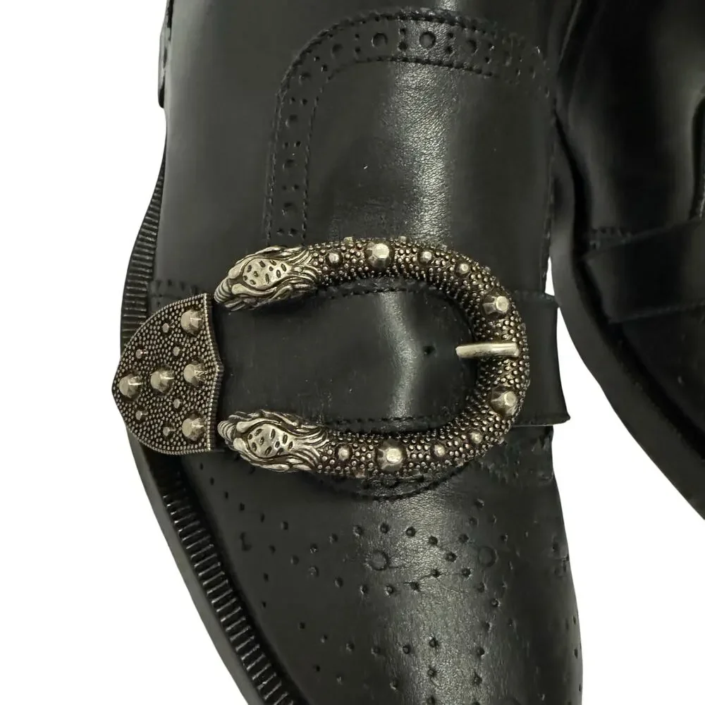 Gucci Dionysus Thigh High Boots 38 Black Leather Bee Brogue Alessandro Michele